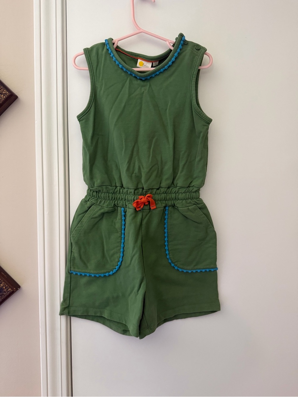 Boden Green Sleeveless Romper with Blue Trim and Orange Tie